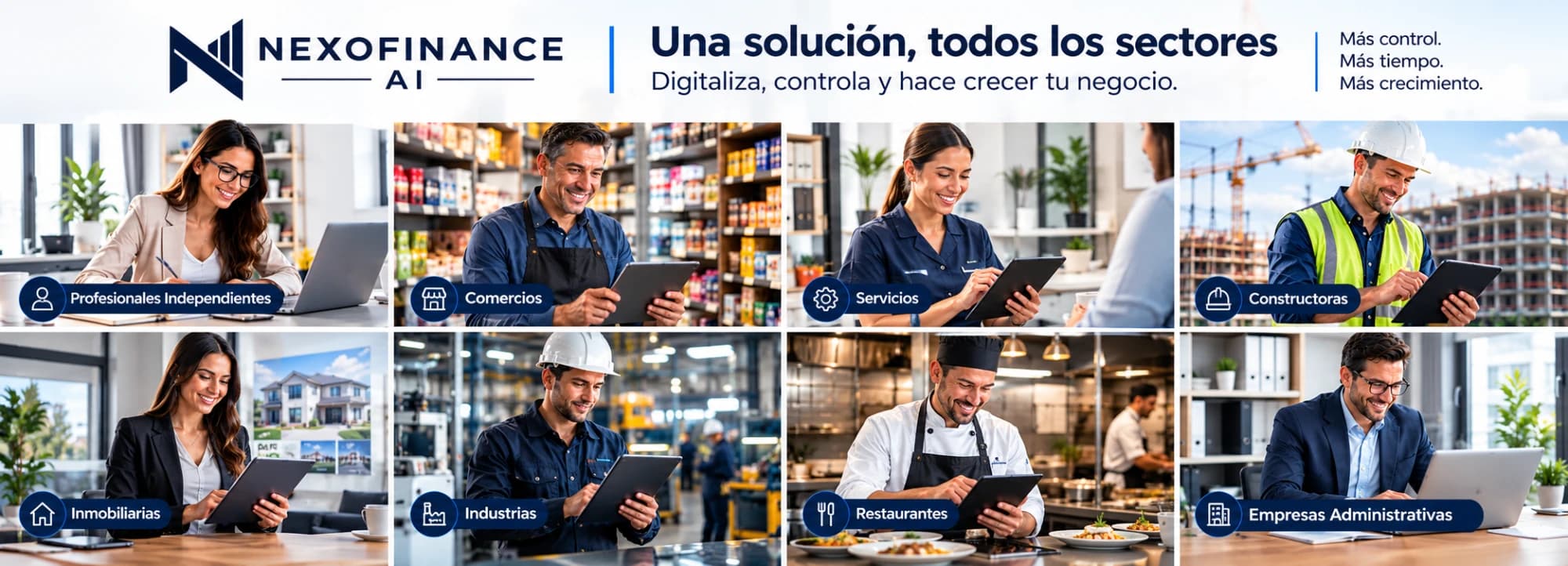 NexoFinance AI — una solución para todos los sectores: profesionales, comercios, servicios, constructoras, inmobiliarias, industrias, restaurantes y empresas administrativas